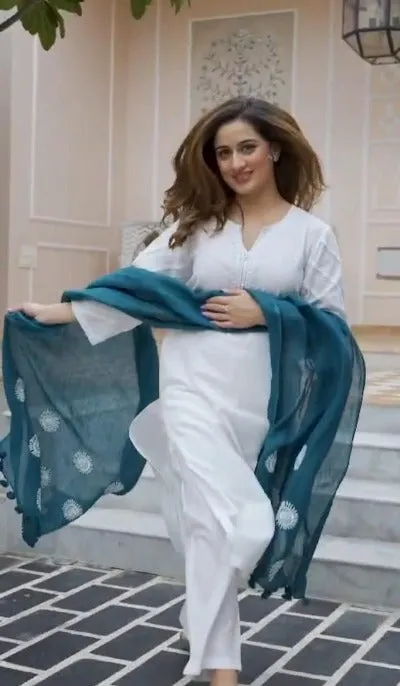 White Cotton suit with Ethnic Dupatta