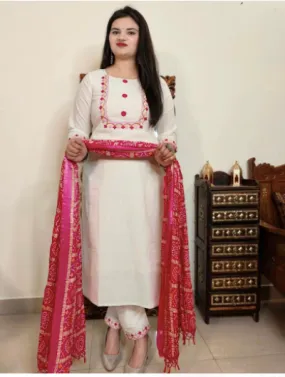 White Embroidery Kurti Set Pink Bandhani Dupatta