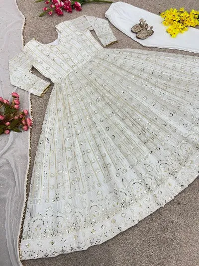 White Georgette Heavy Embroidery & Sequence Work Anarkali Suit Set