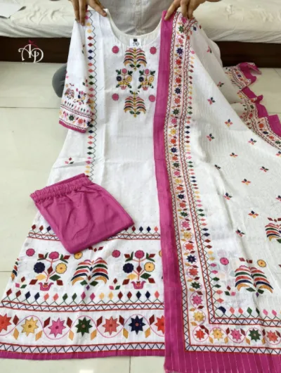 White Pink Muslin Mirror Salwar Suit  Dupatta (Set of 3)