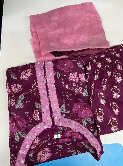 Wine Cotton Handblock Print  Suit Set With Tie Dye Dupatta