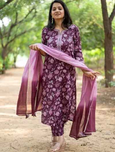 Wine Cotton Handblock Print  Suit Set With Tie Dye Dupatta