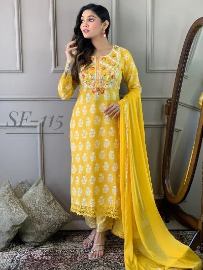 Yellow Cotton Embroidered Salwar Suit Set