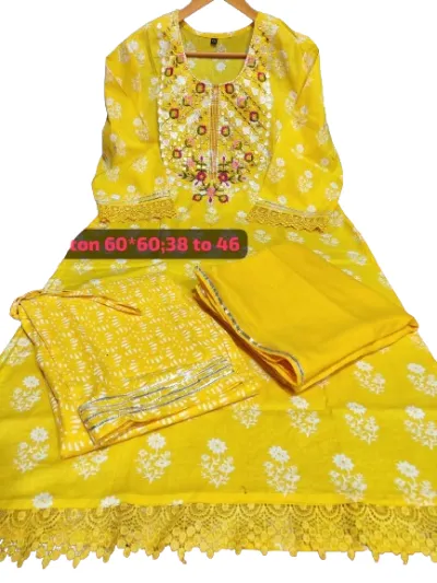 Yellow Cotton Embroidered Salwar Suit Set