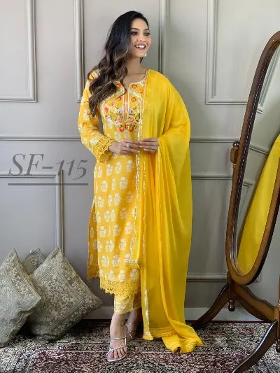 Yellow Cotton Embroidered Salwar Suit Set