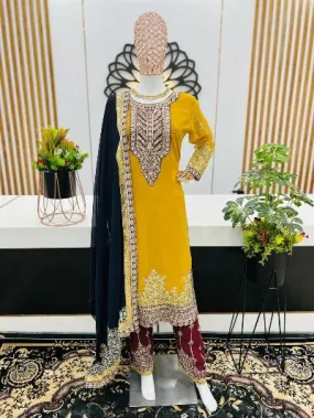 Yellow Georgette Embroidered Suit Set With Contrast Pant & Dupatta